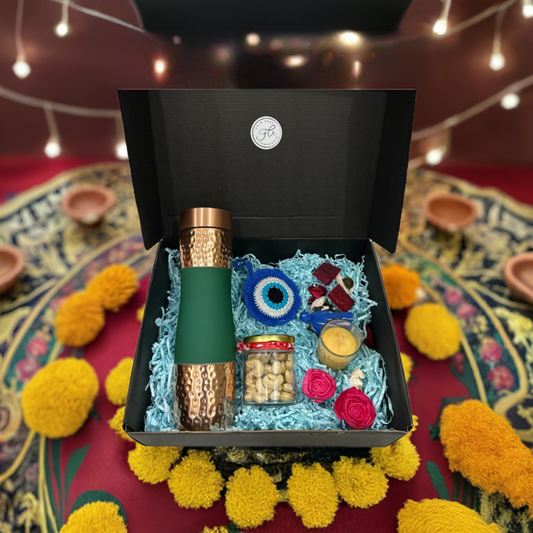 Green Copper Bottle Diwali Gift Set with Evil Eye Charm, Scented Candle & Cashew Jar – Perfect Festive Gift for Health & Prosperity