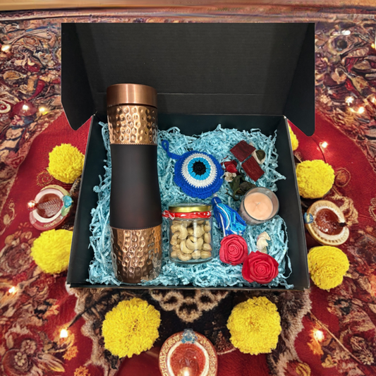 Dark Brown Copper Bottle Diwali Gift Set with Evil Eye Charm, Scented Candle & Cashew Jar – Perfect Festive Gift for Health & Prosperity