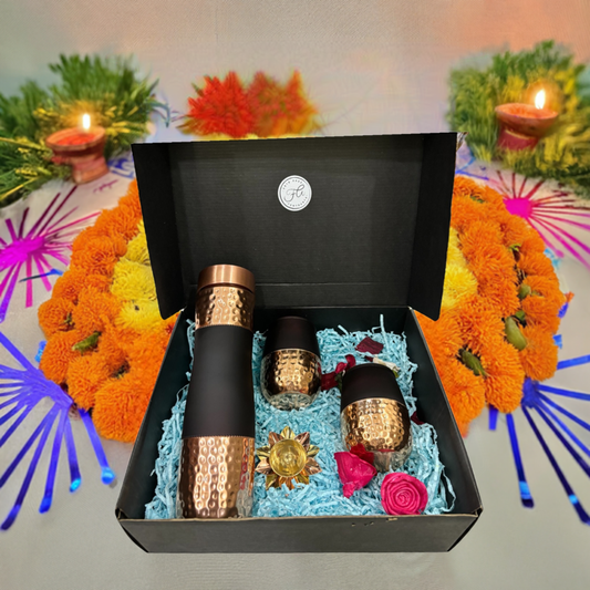 Dark Brown Copper Bottle Diwali Gift Set with Glasses & Brass Diya - Perfect Festive Gift for Family & Friends