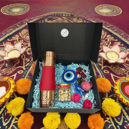 Crimson Copper Bottle Diwali Gift Set with Evil Eye Charm, Scented Candle & Cashew Jar – Perfect Festive Gift for Health & Prosperity