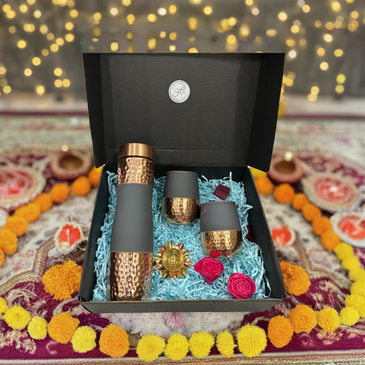 Gray Copper Bottle Diwali Gift Set with Glasses & Brass Diya - Perfect Festive Gift for Family & Friends