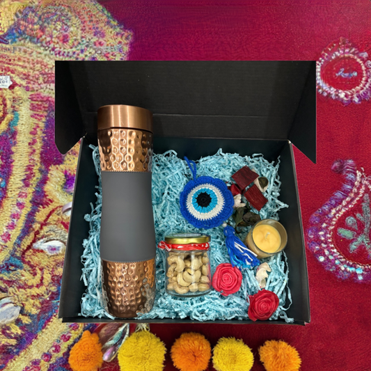 Gray Copper Bottle Diwali Gift Set with Evil Eye Charm, Scented Candle & Cashew Jar – Perfect Festive Gift for Health & Prosperity