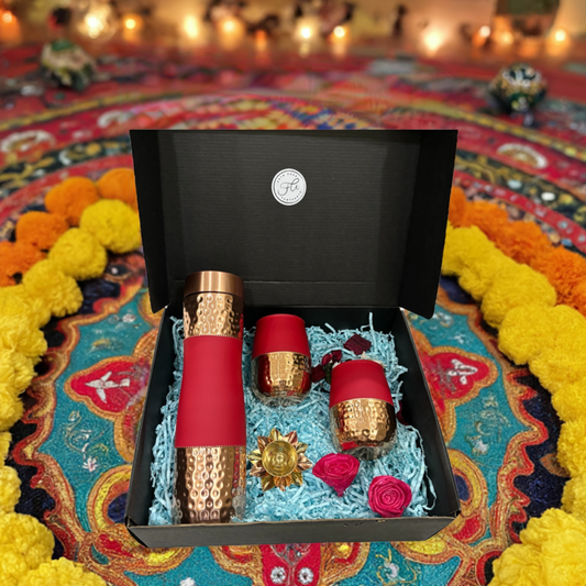 Crimson Copper Bottle Diwali Gift Set with Glasses & Brass Diya - Perfect Festive Gift for Family & Friends