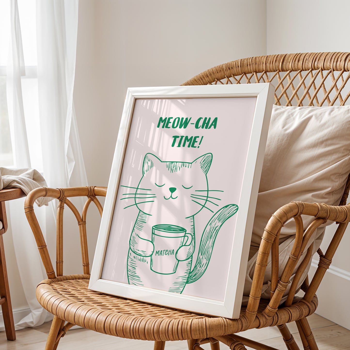 "Meow-cha Time!" Whimsical Cat & Matcha Art Print