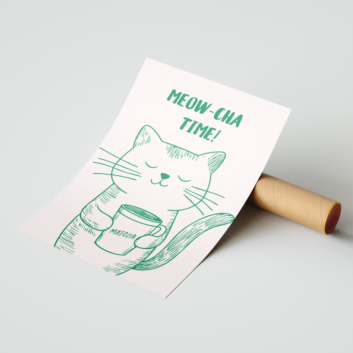 "Meow-cha Time!" Whimsical Cat & Matcha Art Print