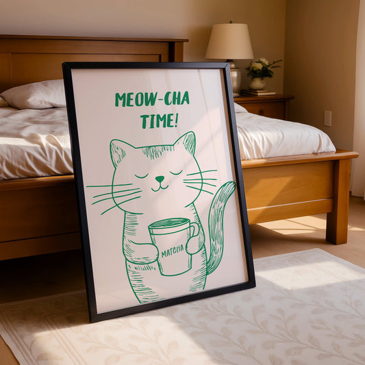 "Meow-cha Time!" Whimsical Cat & Matcha Art Print