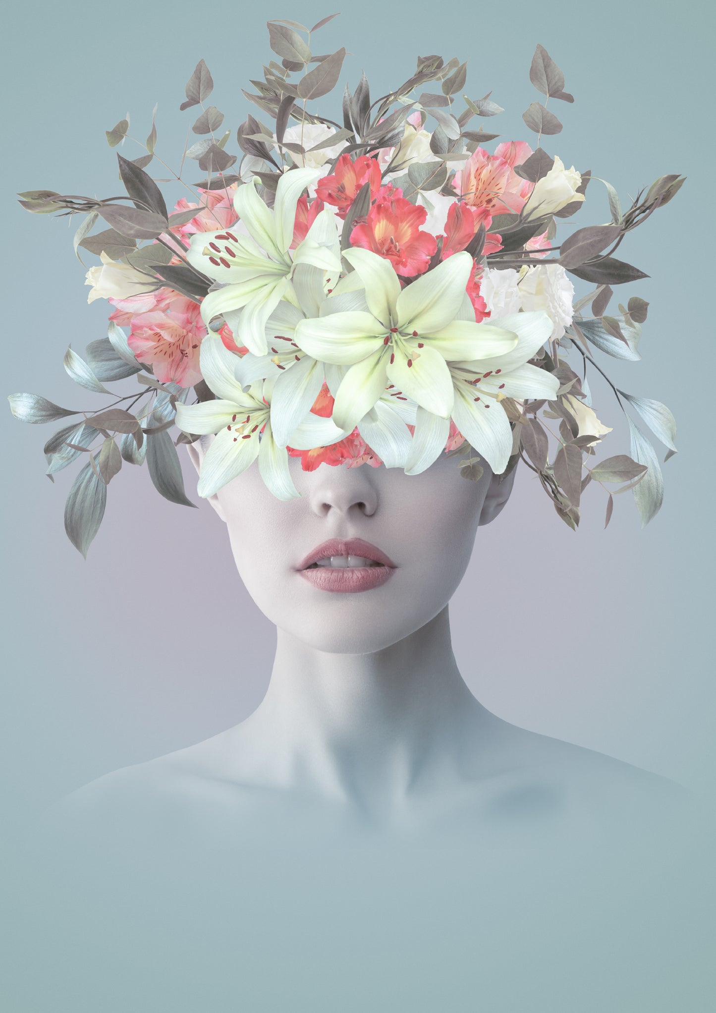 Abstract contemporary art collage portrait of young woman with flowers