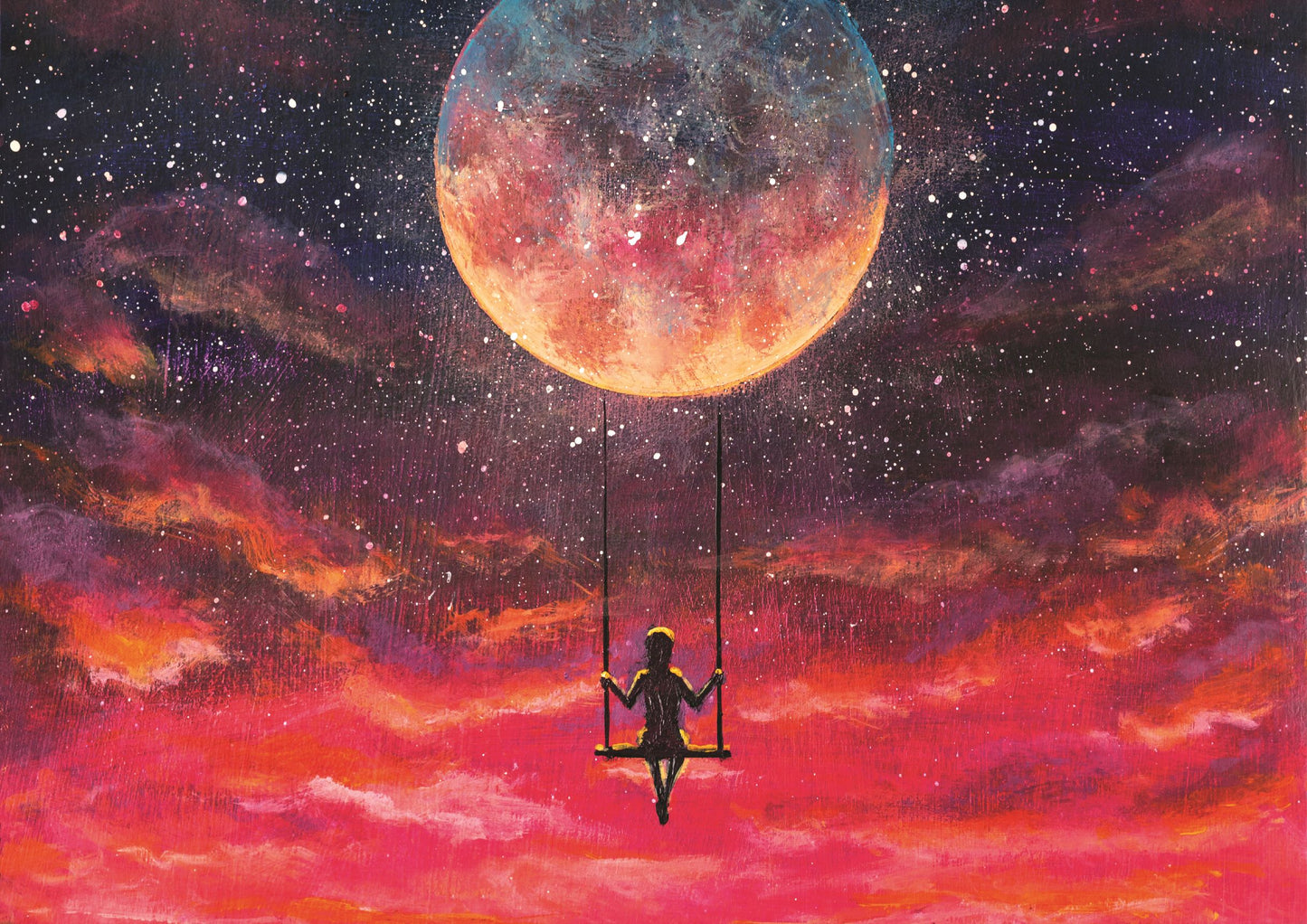 Painting Girl guy rides on swing in sky against background of beautiful purple pink sunset and starry sky.