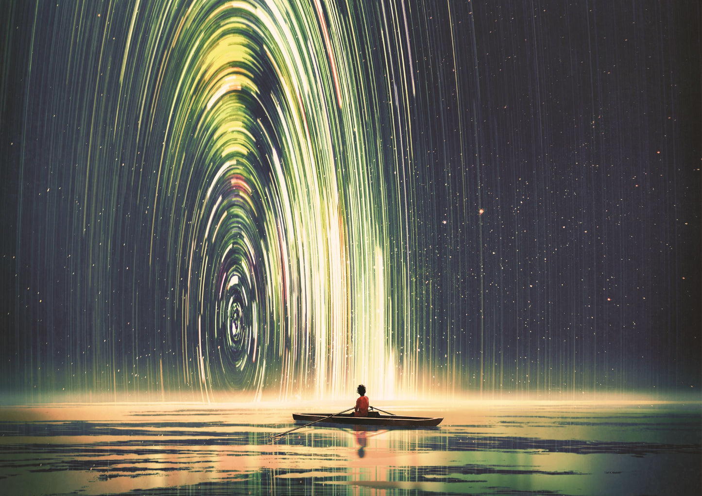 Boy rowing a boat in the sea of the starry night with mysterious light