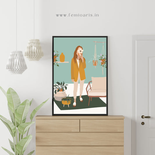 Hand drawn boho girl standing in a beautiful room