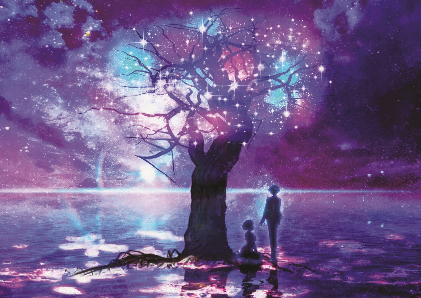 A magic tree made of stars in the middle of the sea, with a starry night sky, a boy and a girl