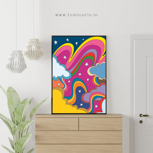 Psychedelic Art - Rainbow, Stars and Cloud