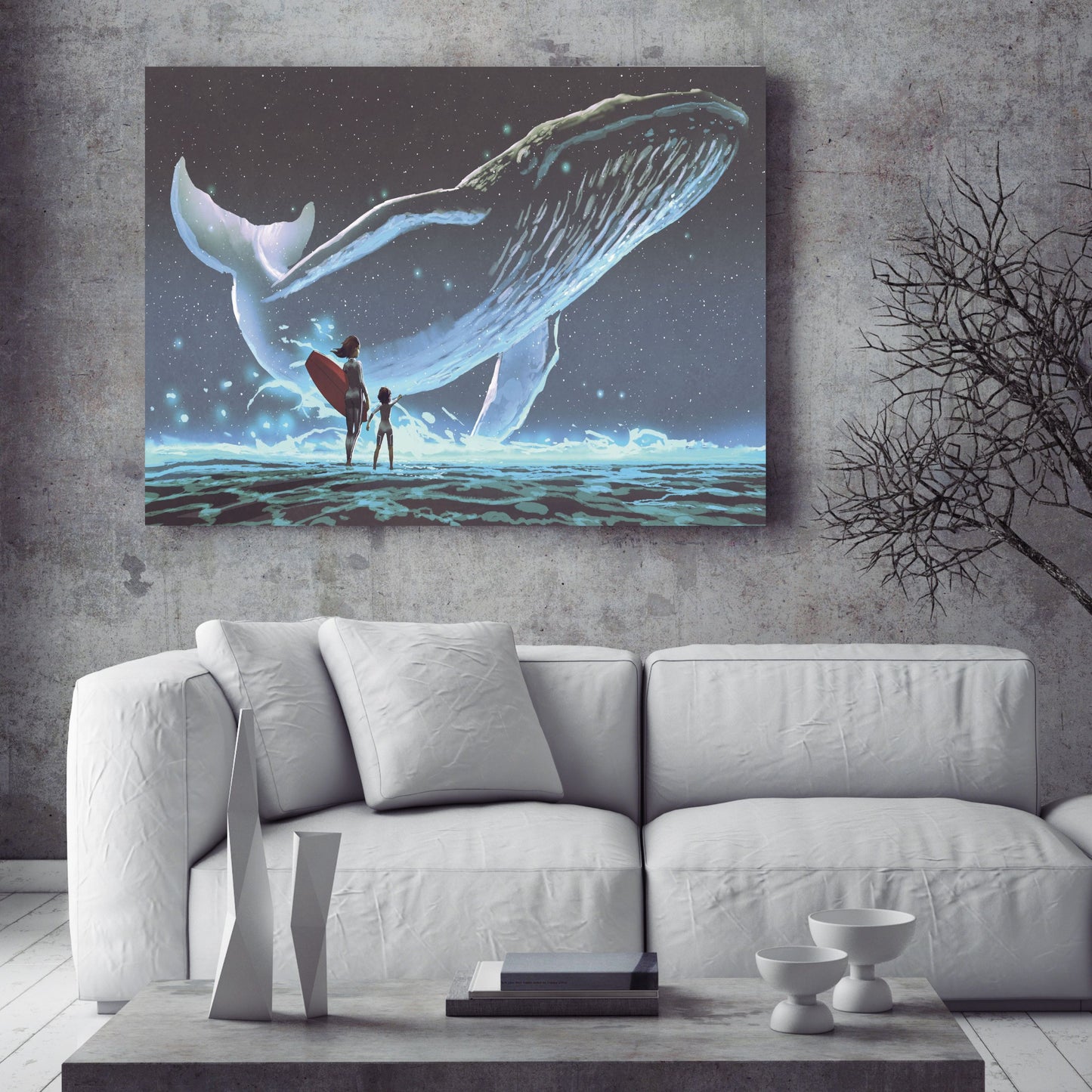 Mother and daughter looking at the whale with blue light flying in the night sky