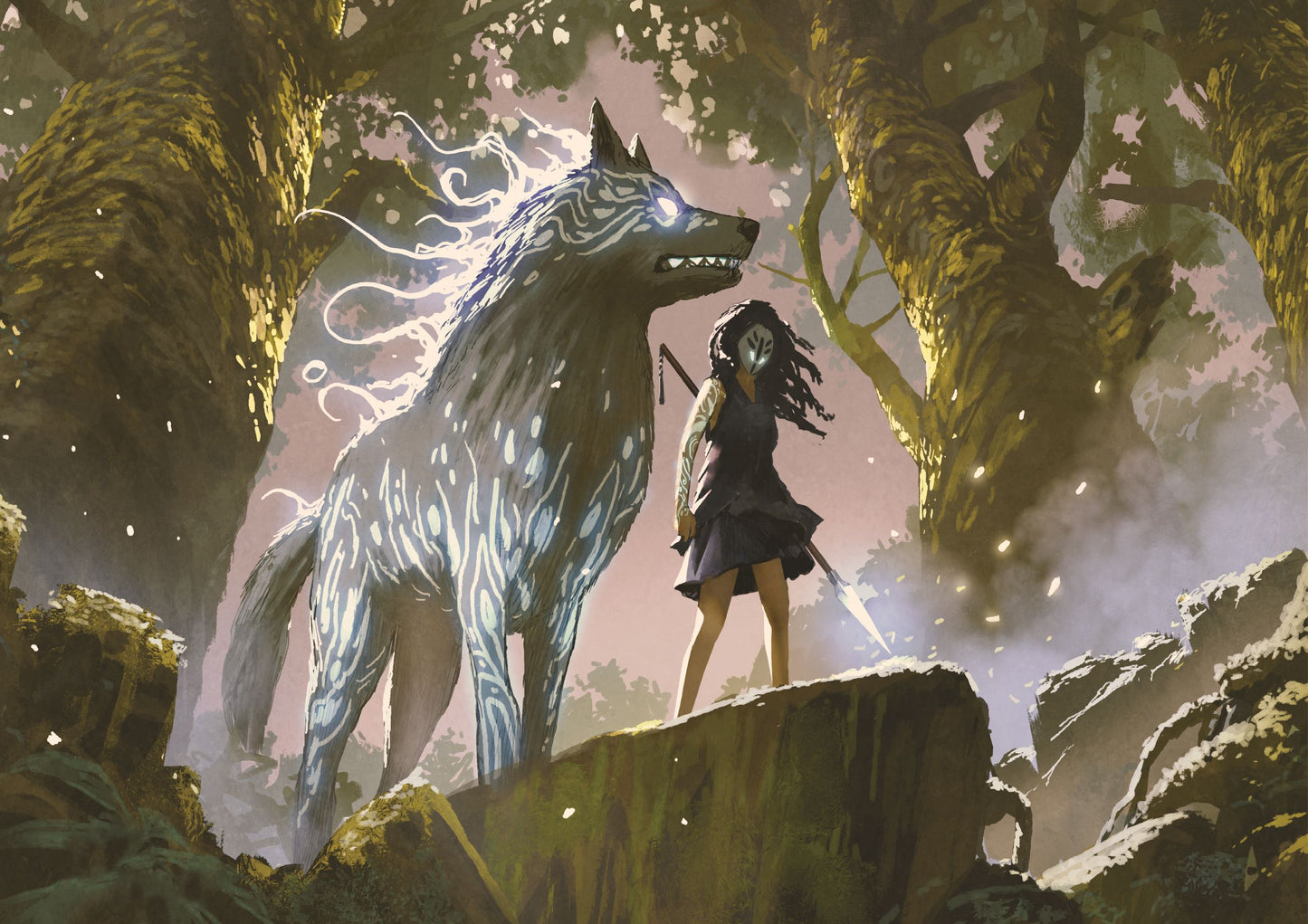 Wild girl with her wolf standing in the forest