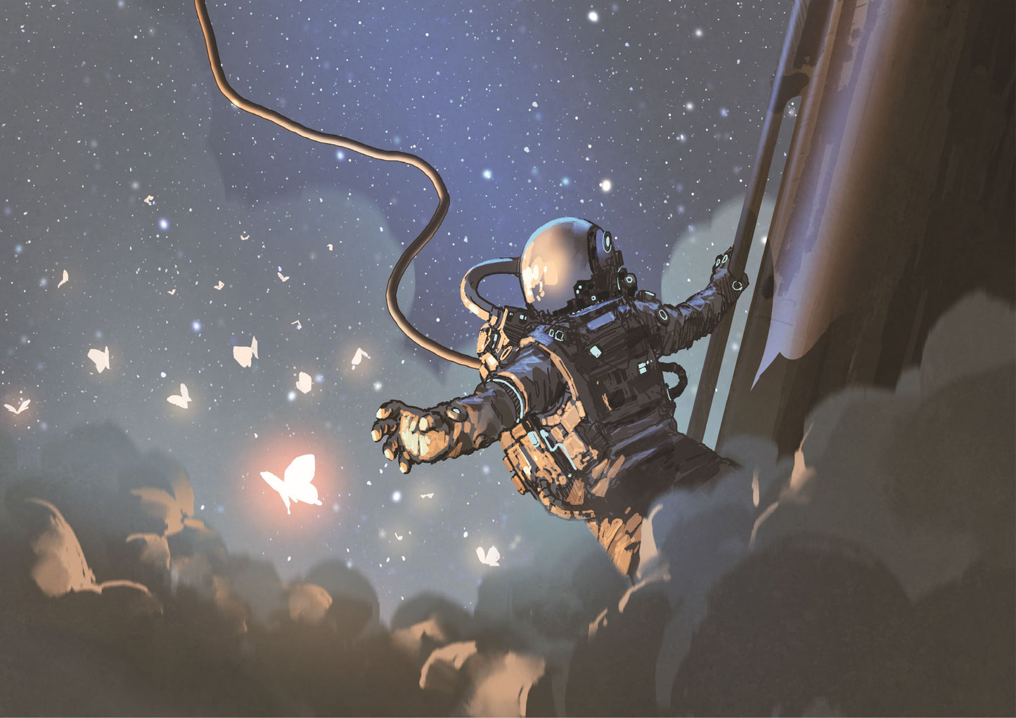 The astronaut reaching out to catch the glowing butterfly in the sky
