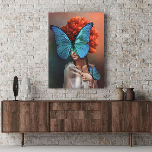 Surreal portrait of a woman with butterflies and peony flower