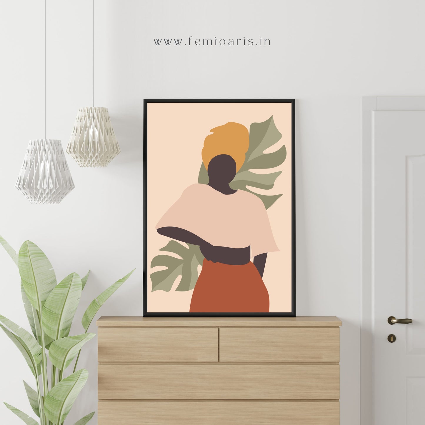 Woman portrait with monstera leaf wall art