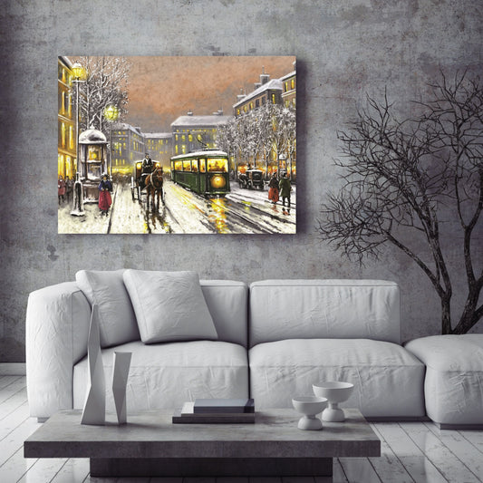 Oil paintings landscape with old tram in the street