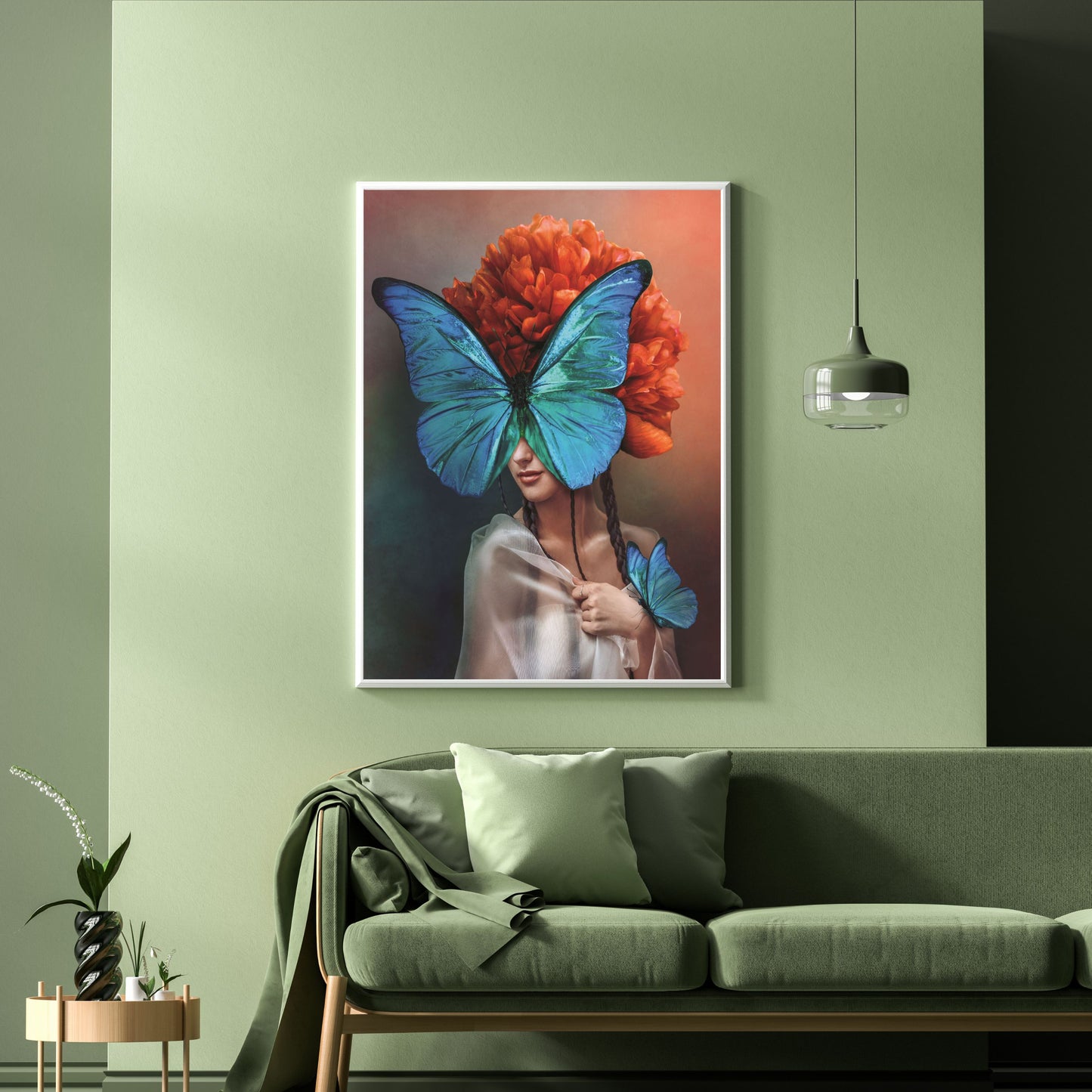 Surreal portrait of a woman with butterflies and peony flower