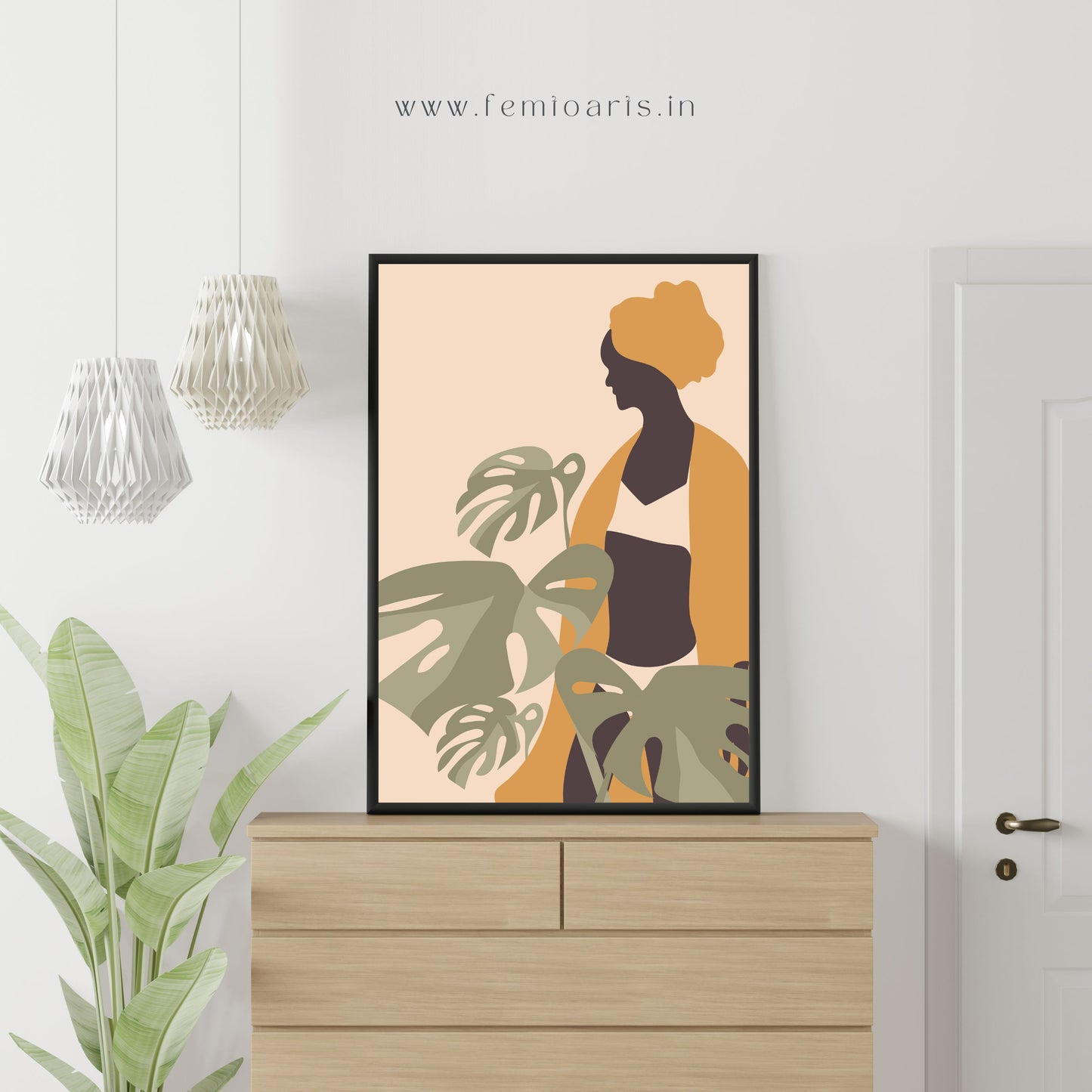 Woman portrait with monstera leaf wall art