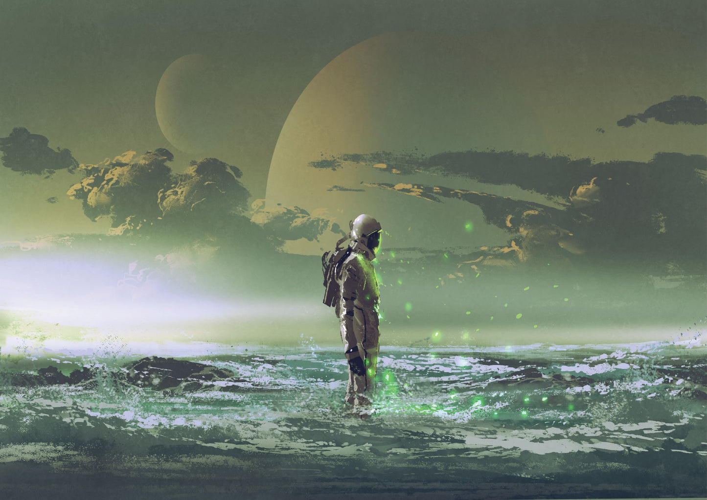 Astronaut standing by the sea against background of the planet