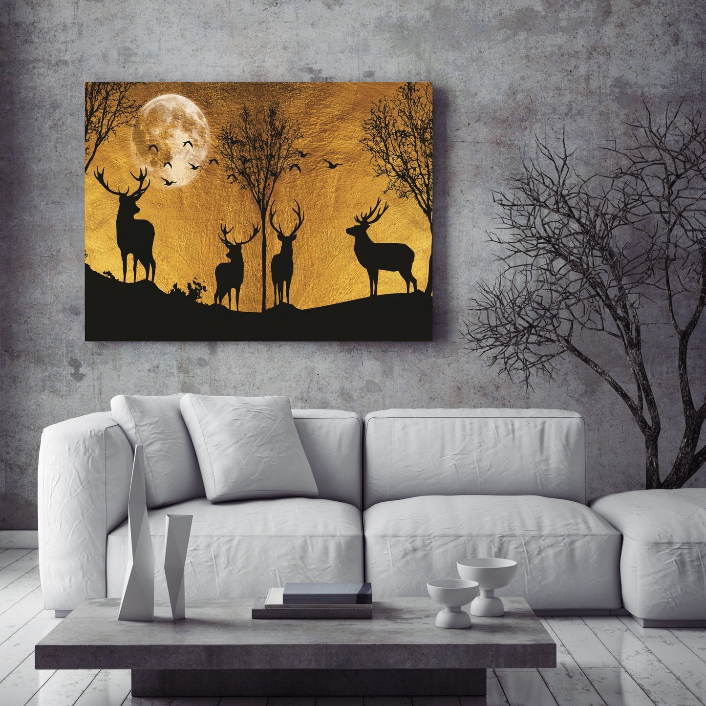 Oriental style Painting of 3 deer in forest on gray and gold canvas