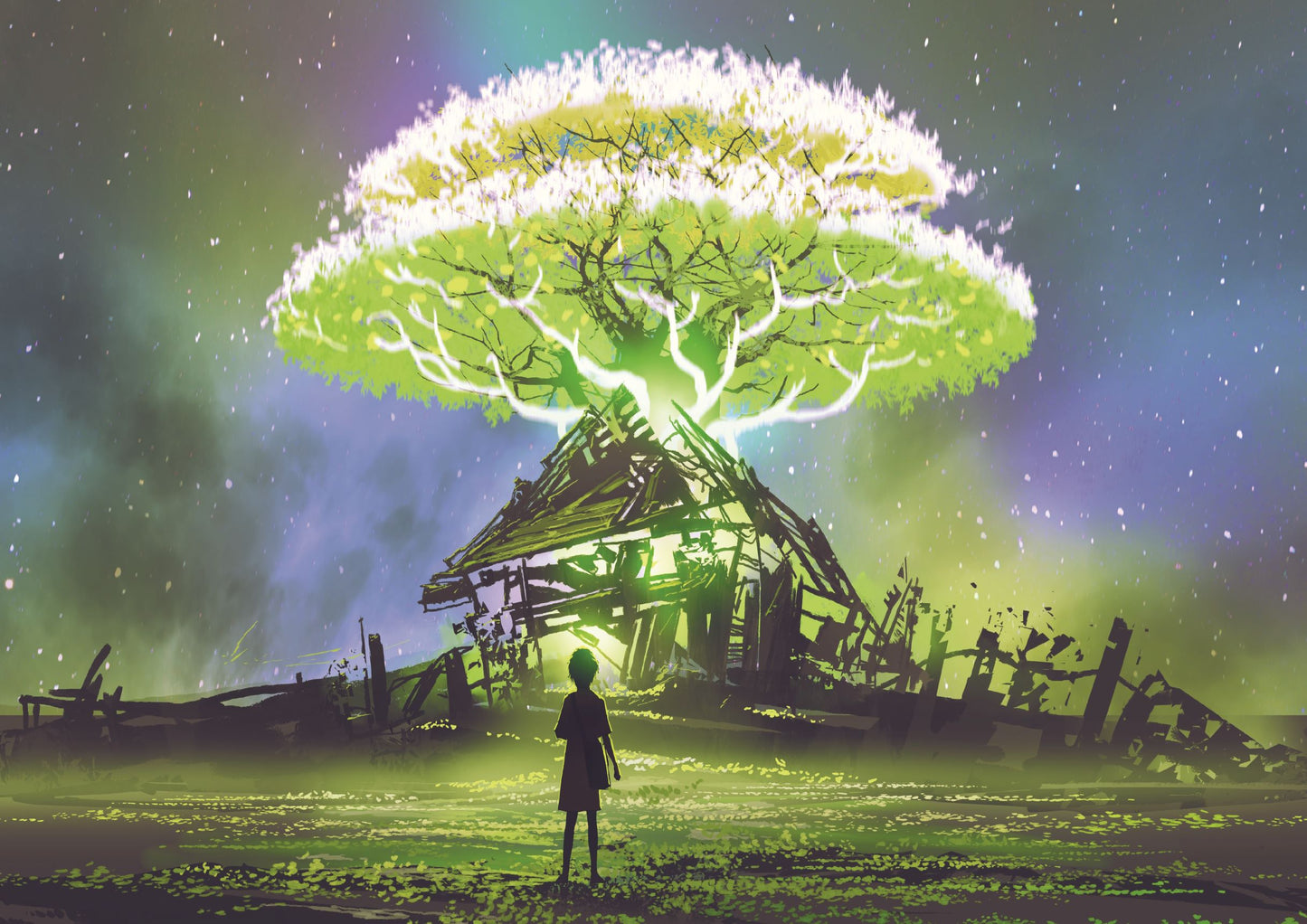 Girl looking at the glowing tree formed by the ruins of the house