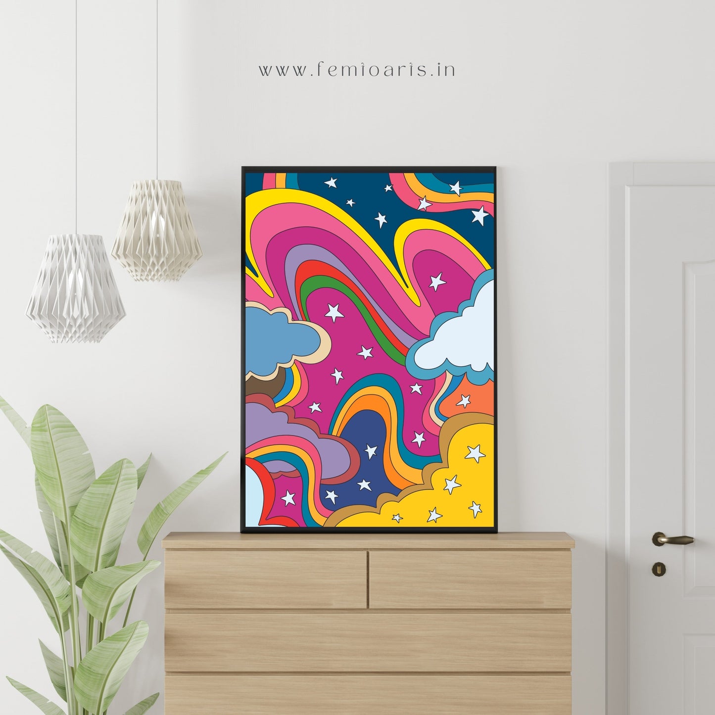 Psychedelic Art - Stars, Rainbow and Cloud