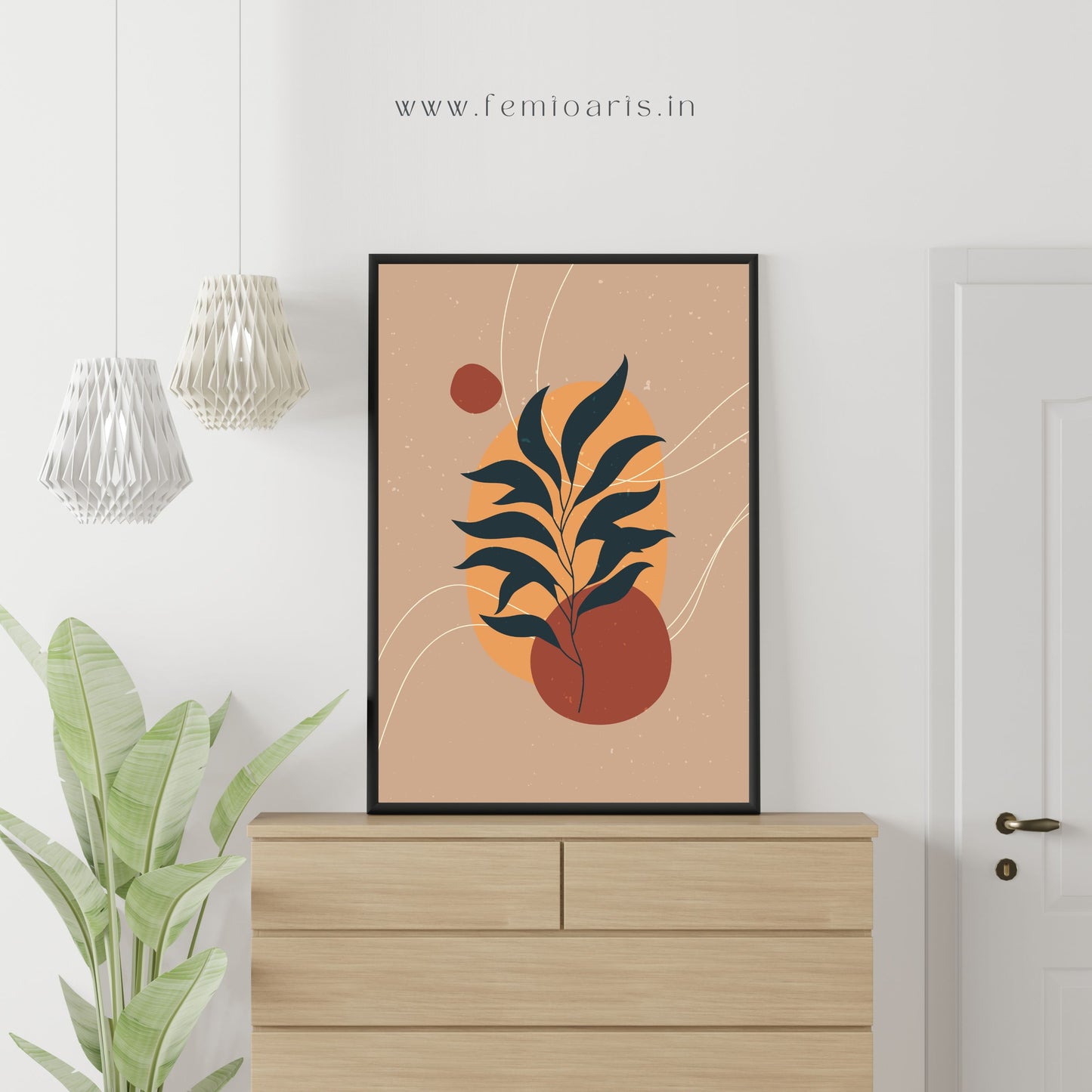 Contemporary boho wall art leaves with beautiful colored shapes in background