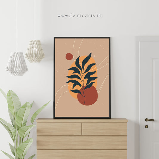 Contemporary boho wall art leaves with beautiful colored shapes in background