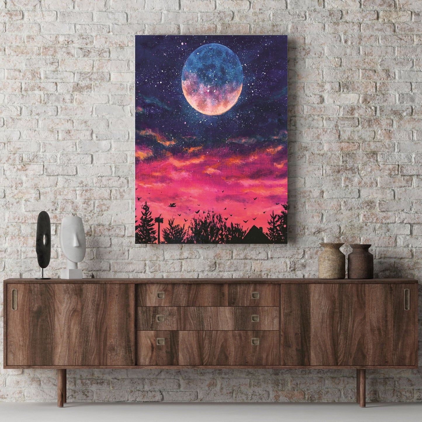 Fantastic oil painting big planet moon over the night city