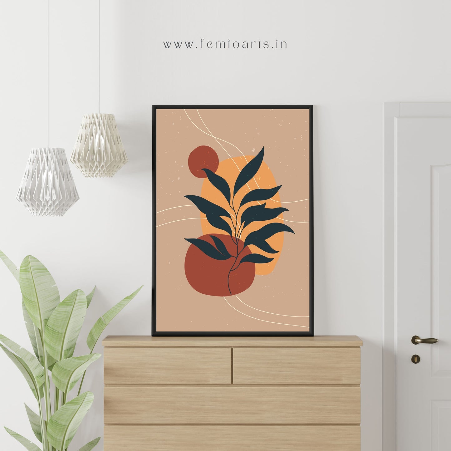 Contemporary boho wall art leaves with beautiful colored shapes in background