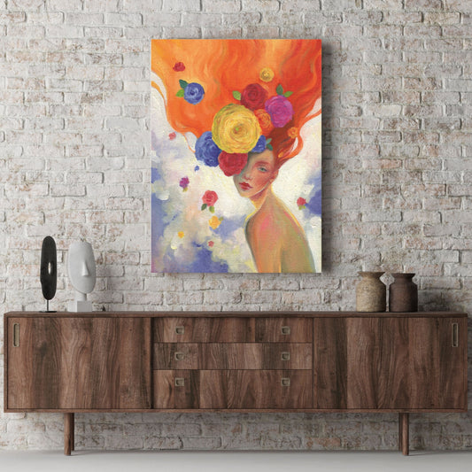 Contemporary Oil Painting of Beautiful Woman and Flowers
