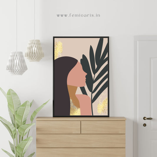 Surreal face of a stylish girl in trendy clothes with tropical leaves background