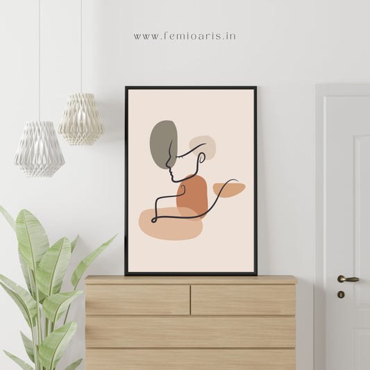 Vintage boho wall art poster of elegant woman line art with organic shapes