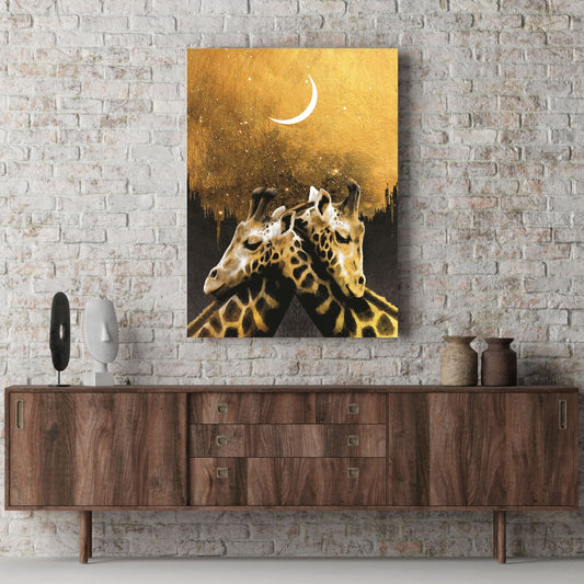 Modern abstract gold painting of lovely couple giraffe at night galaxy sky moon