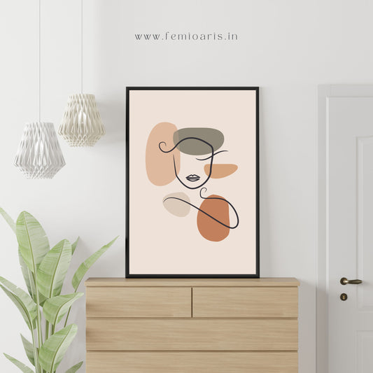 Vintage boho wall art poster of elegant woman line art with organic shapes