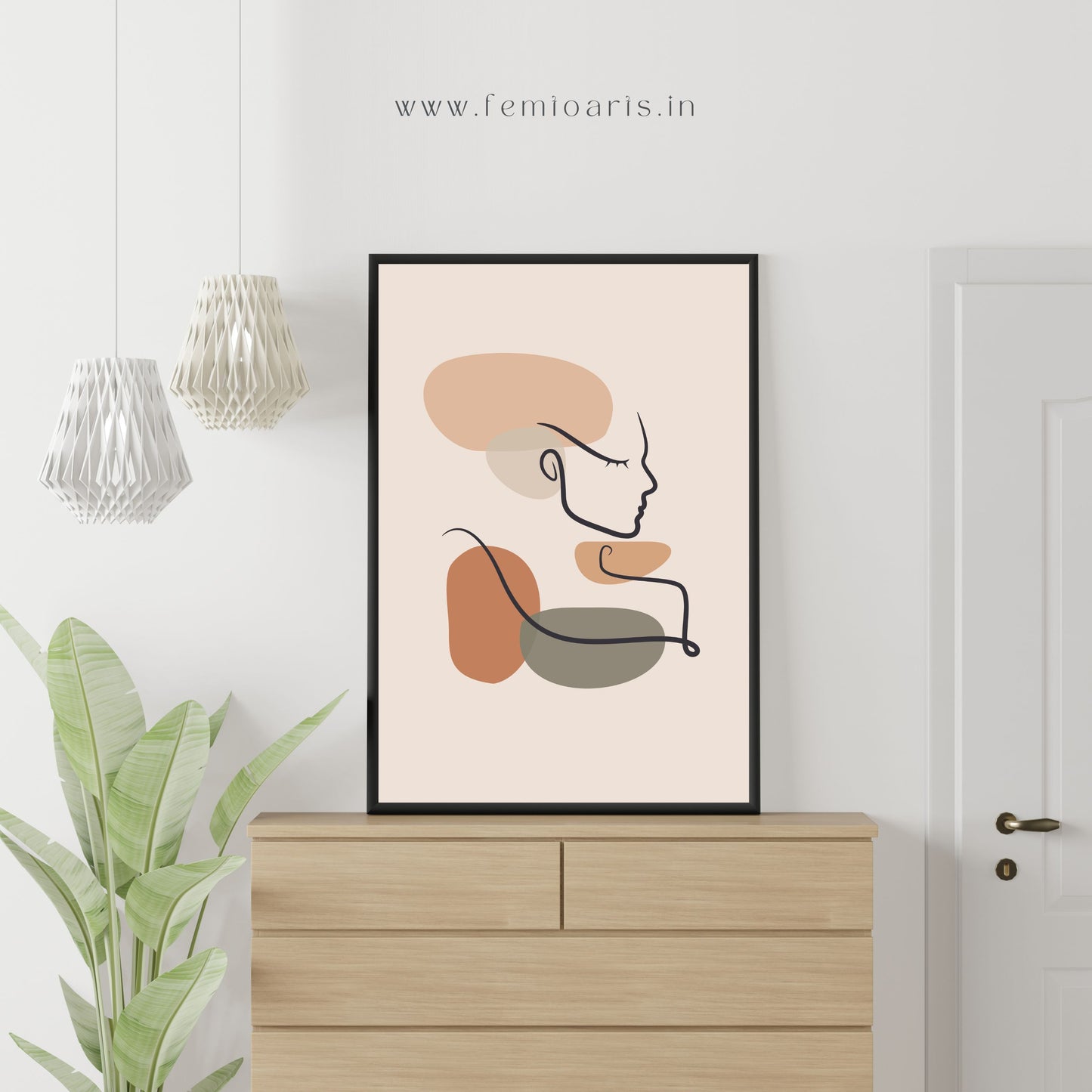 Vintage boho wall art poster of elegant woman line art with organic shapes