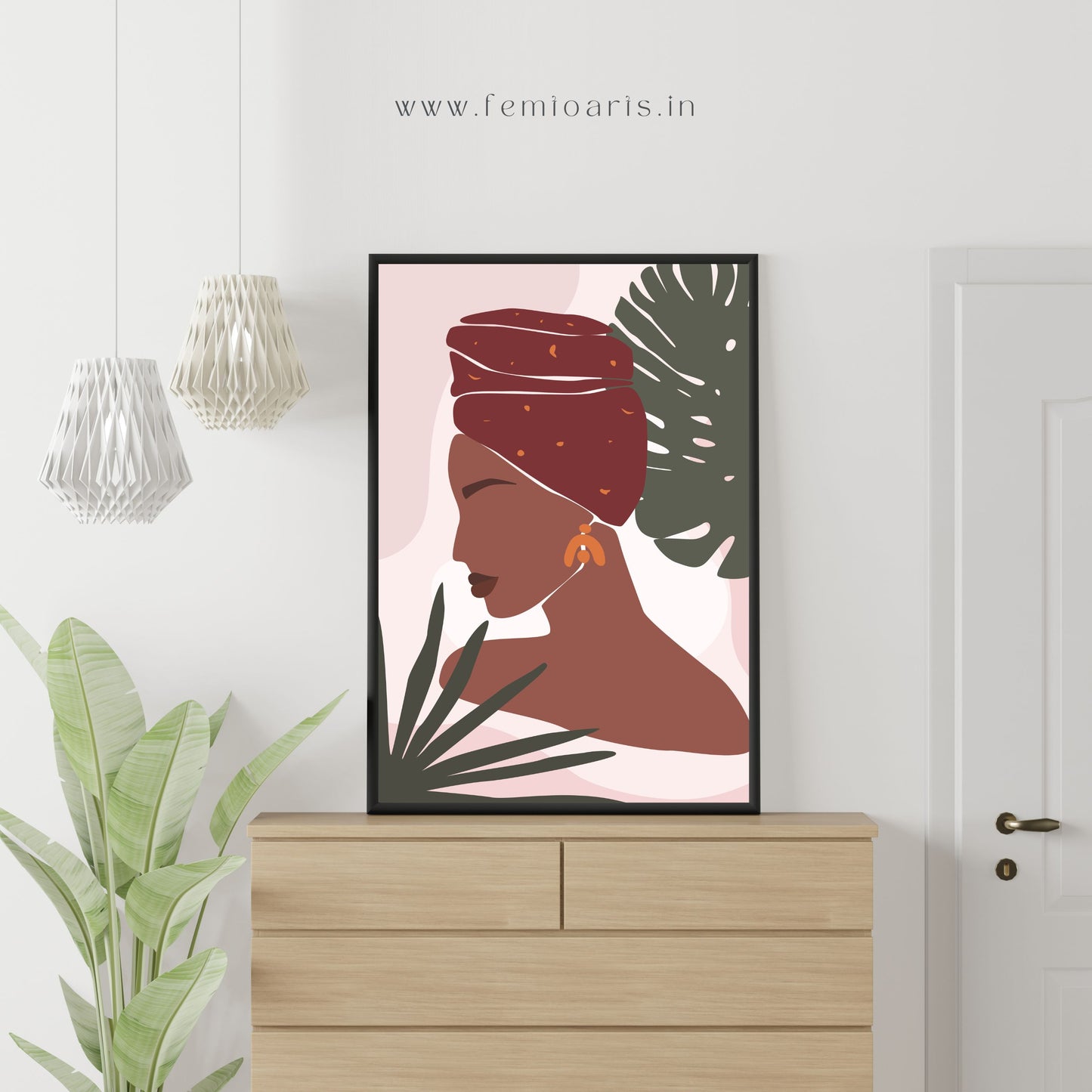 Abstract portrait illustration of african woman with tropic leaves