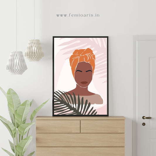 Abstract portrait illustration of african woman with tropic leaves