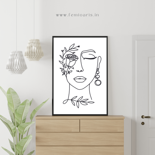 Elegant woman face in one line art style with flowers