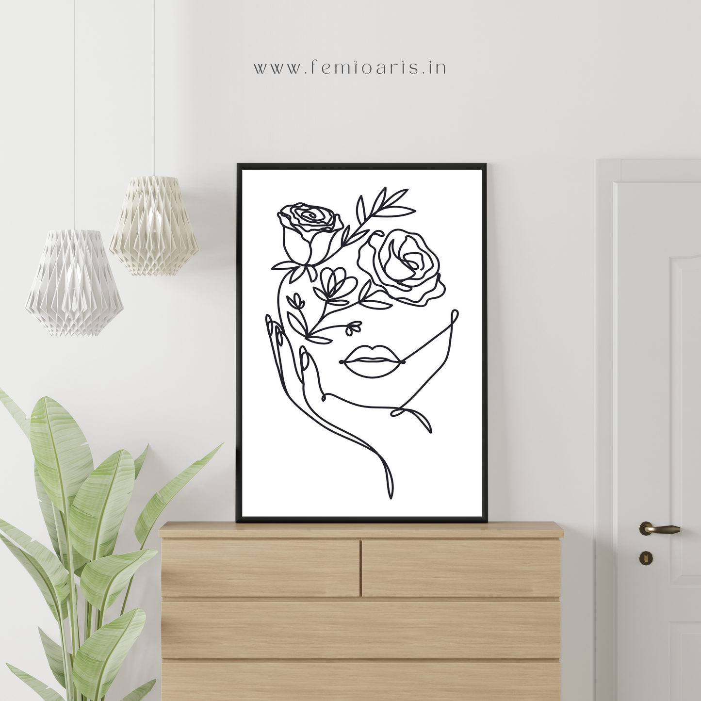 Elegant woman face in one line art style with flowers