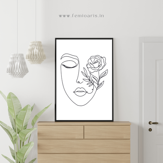 Elegant woman face in one line art style with flowers