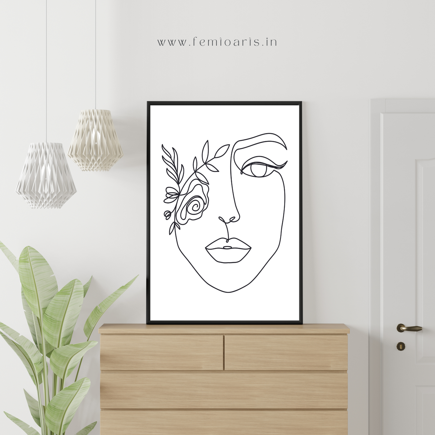 Elegant woman face in one line art style with flowers