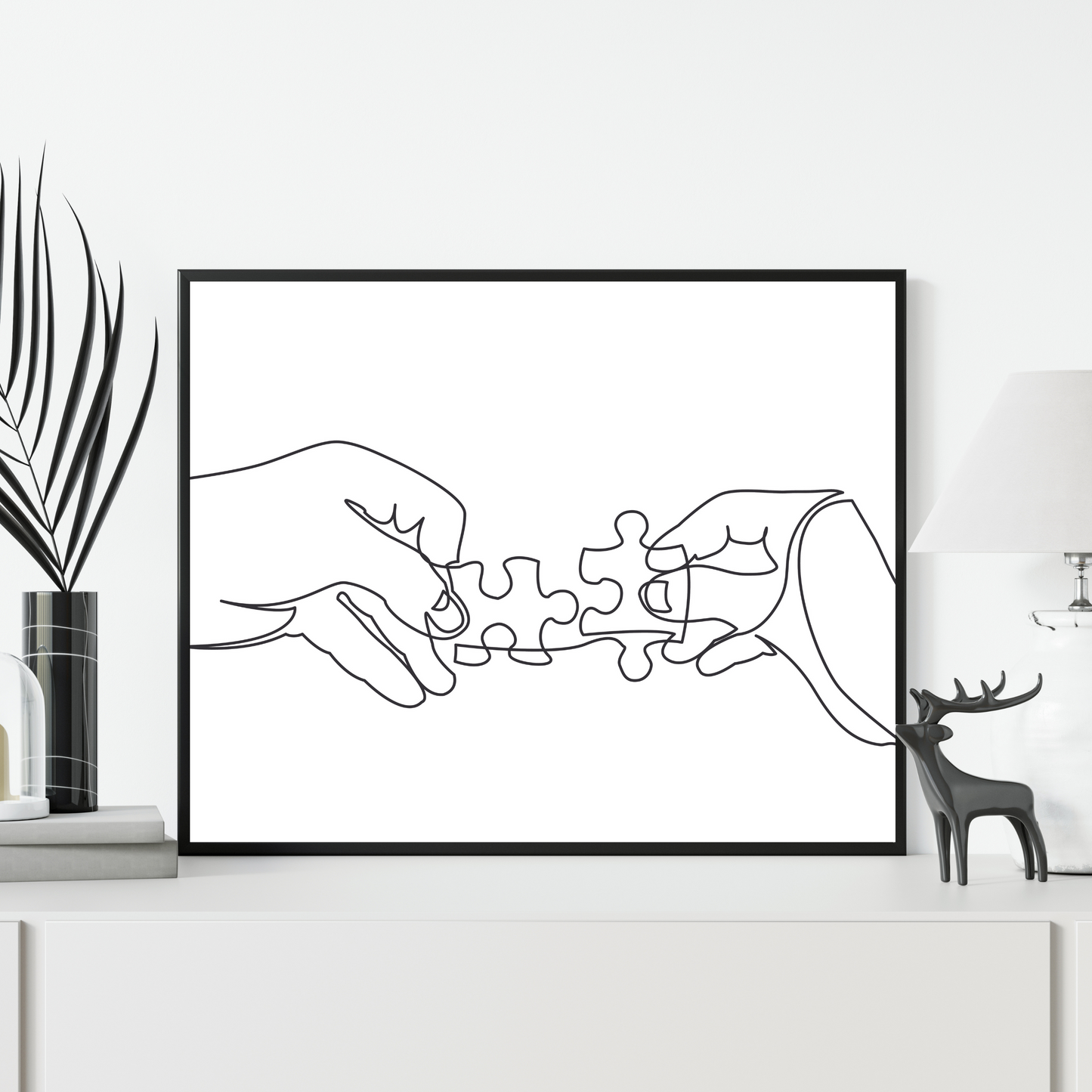 Continuous line drawing of hands solving jigsaw puzzle
