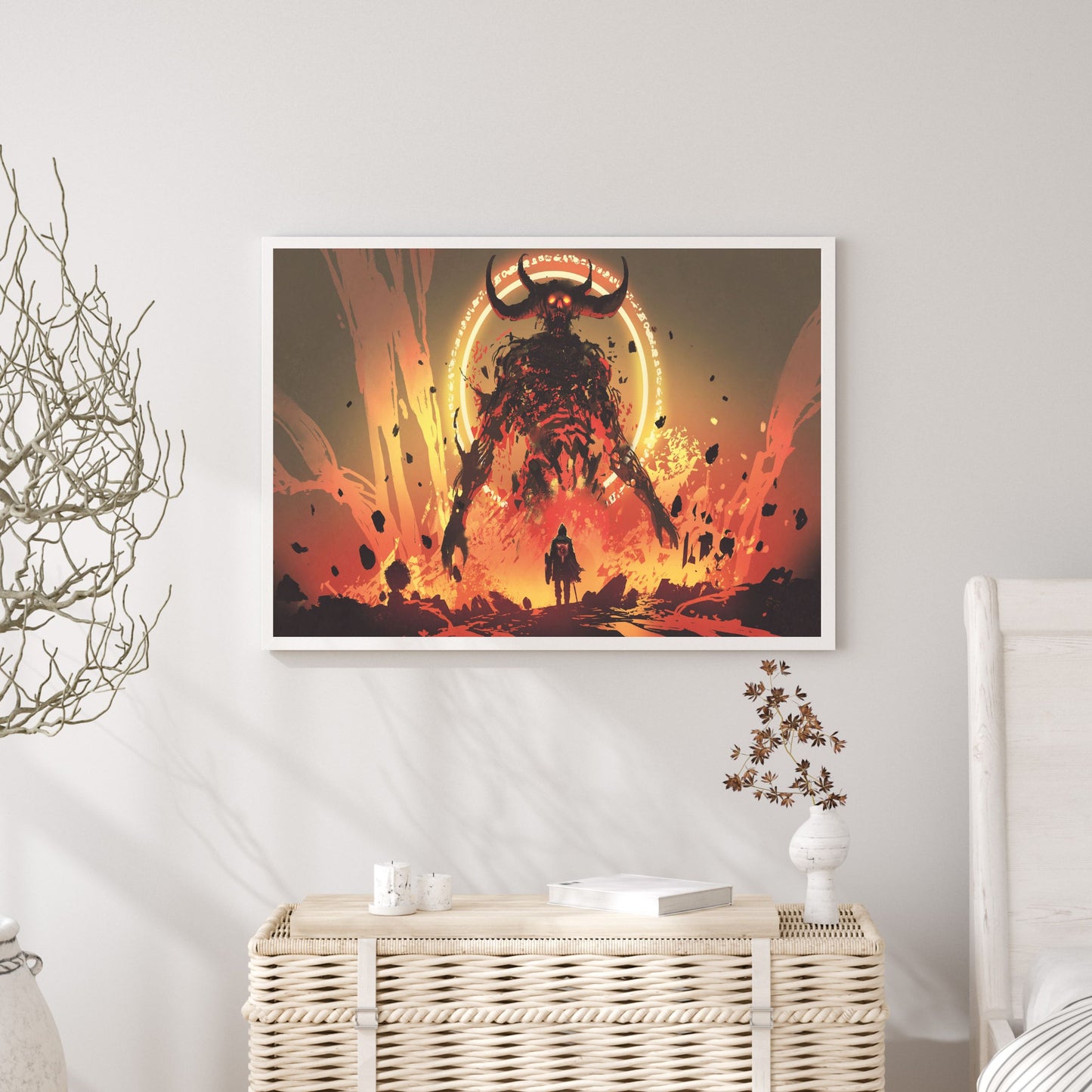 Knight with a sword facing the lava demon in hell