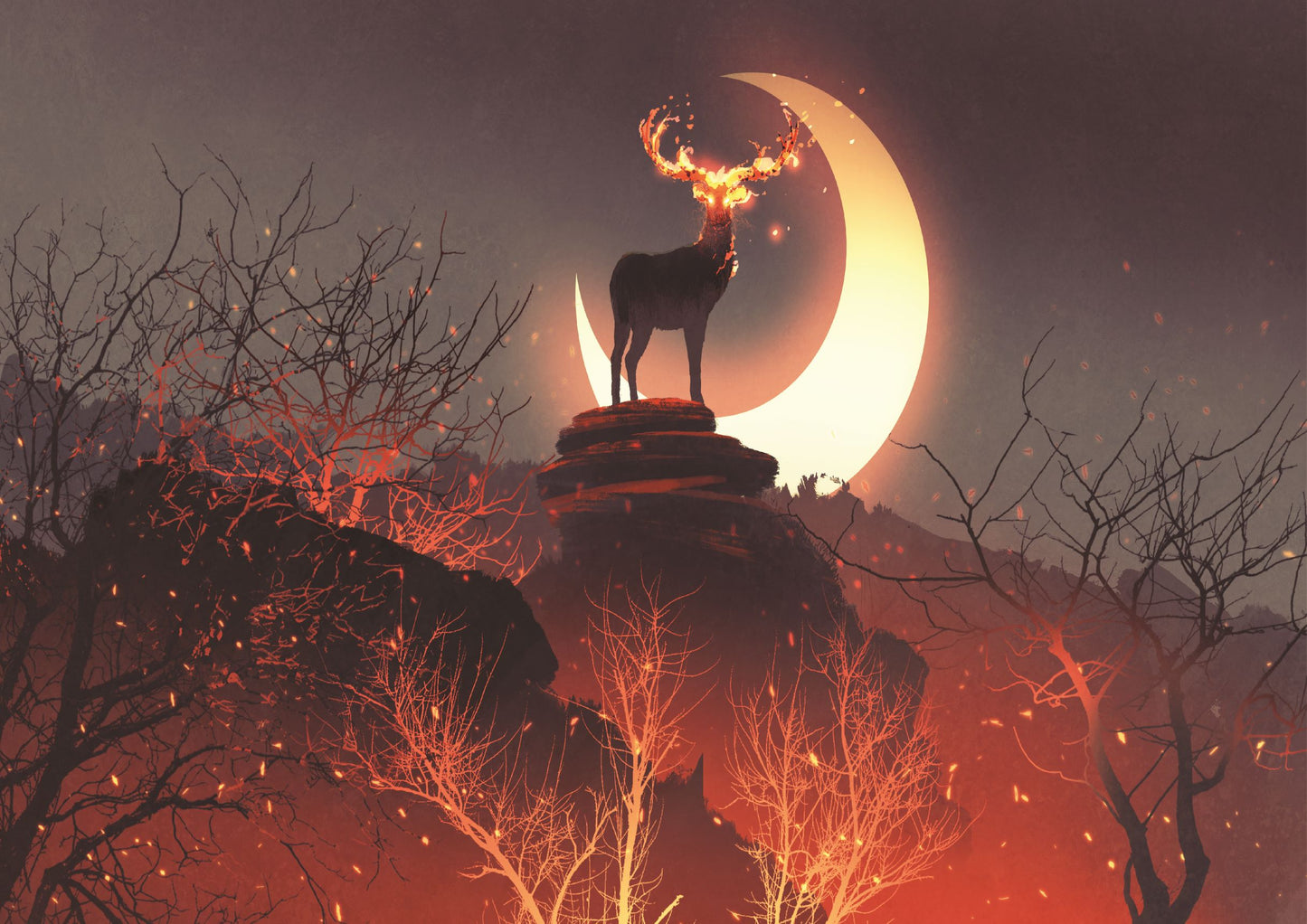 The deer with its fire horns standing on rocks in forest fire