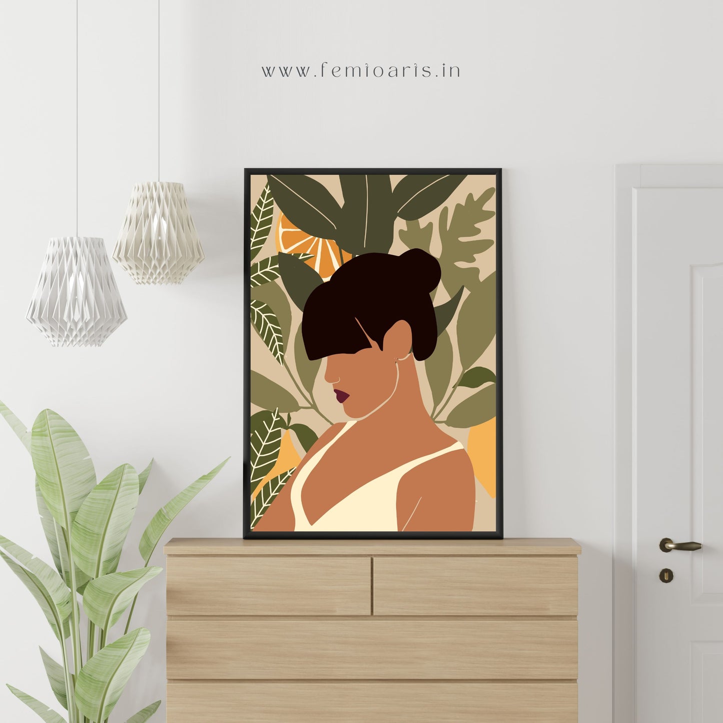 Modern minimalist glamour female portrait with nature botanical pattern