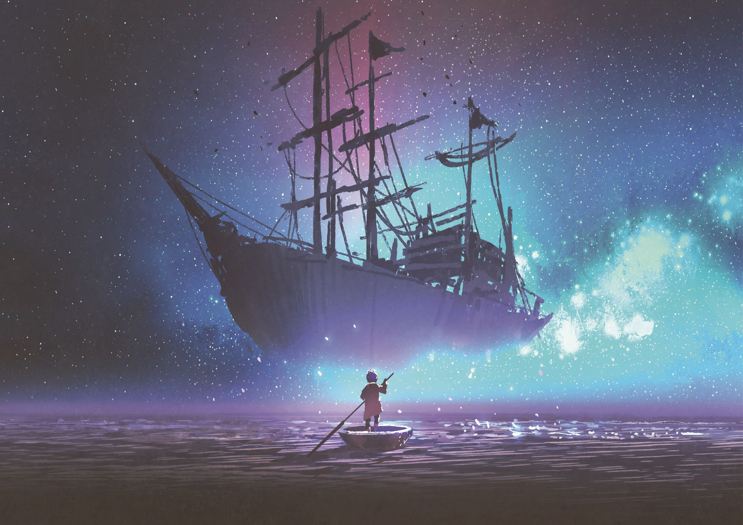 Little boy rowing a boat in the sea and looking at the sailing ship floating in starry sky