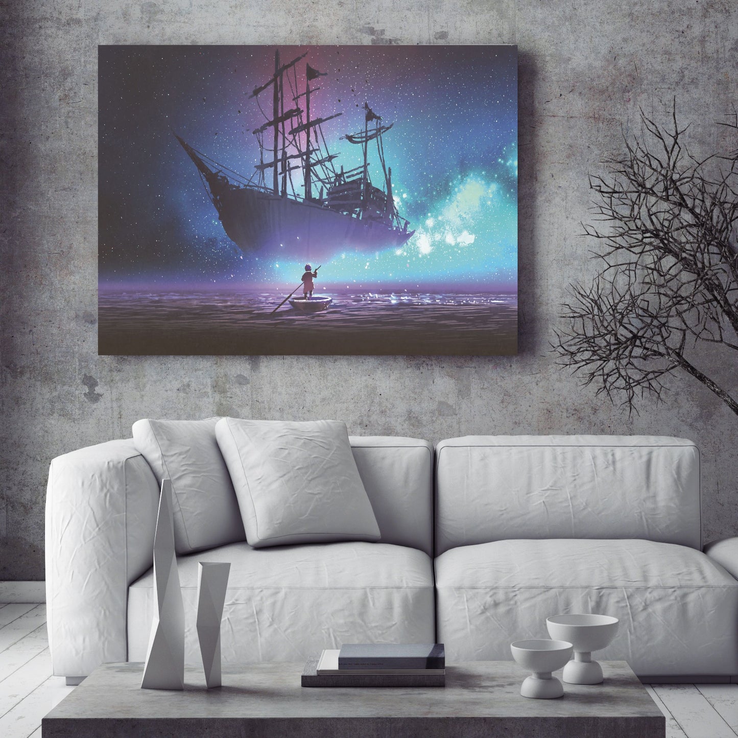 Little boy rowing a boat in the sea and looking at the sailing ship floating in starry sky